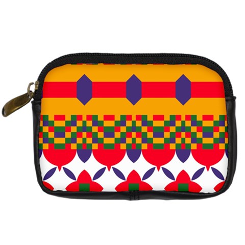 Red flowers and colorful squares                                                                  Digital Camera Leather Case from ArtsNow.com Front