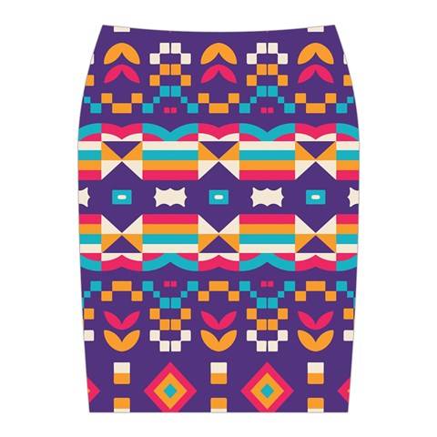 Pastel shapes rows on a purple background                                                                  Midi Wrap Pencil Skirt from ArtsNow.com Back