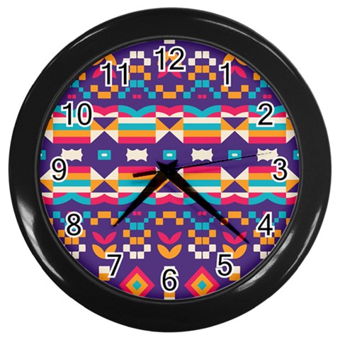 Pastel shapes rows on a purple background                                                                   Wall Clock (Black) from ArtsNow.com Front