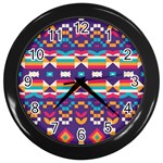 Pastel shapes rows on a purple background                                                                   Wall Clock (Black)