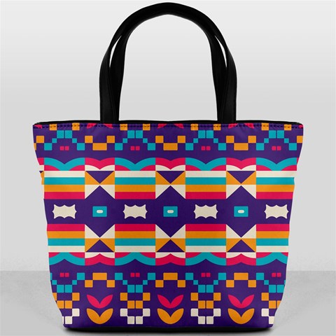 Pastel shapes rows on a purple background                                                                   Bucket Bag from ArtsNow.com Back