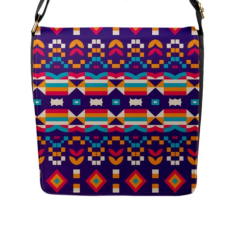 Pastel shapes rows on a purple background                                                                   Flap Closure Messenger Bag (L) from ArtsNow.com Front