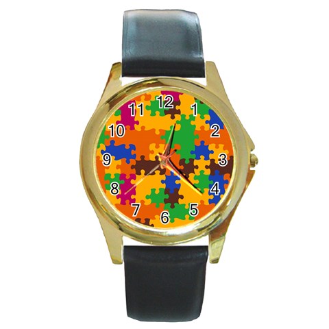 Retro colors puzzle pieces                                                                        Round Gold Metal Watch from ArtsNow.com Front