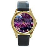 Landscape Landscape Painting Purple Purple Trees Round Gold Metal Watch