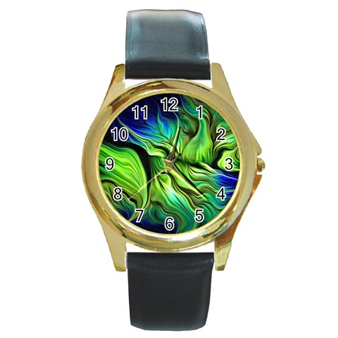 Fractal Art Pattern Abstract Fantasy Digital Round Gold Metal Watch from ArtsNow.com Front