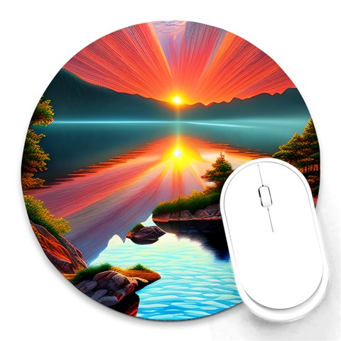 Sunset Over A Lake Round Mousepad from ArtsNow.com Front