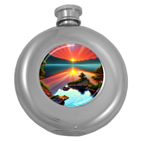 Sunset Over A Lake Round Hip Flask (5 oz) from ArtsNow.com Front