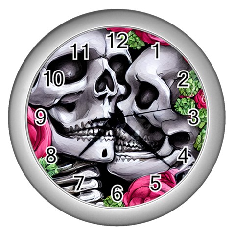 Black Skulls Red Roses Wall Clock (Silver) from ArtsNow.com Front