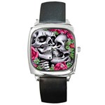 Black Skulls Red Roses Square Metal Watch