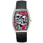 Black Skulls Red Roses Barrel Style Metal Watch