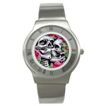 Black Skulls Red Roses Stainless Steel Watch