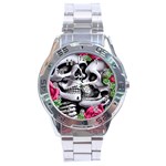 Black Skulls Red Roses Stainless Steel Analogue Watch