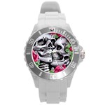 Black Skulls Red Roses Round Plastic Sport Watch (L)