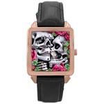 Black Skulls Red Roses Rose Gold Leather Watch 