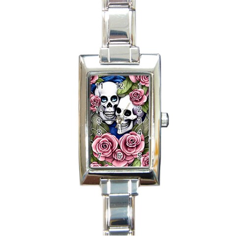 Skulls and Flowers Rectangle Italian Charm Watch from ArtsNow.com Front