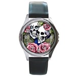 Skulls and Flowers Round Metal Watch