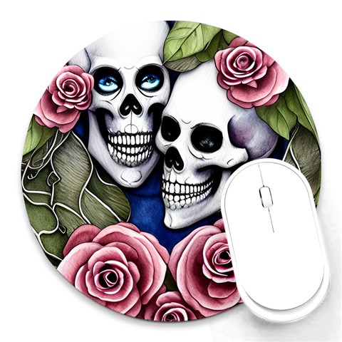 Skulls and Flowers Round Mousepad from ArtsNow.com Front