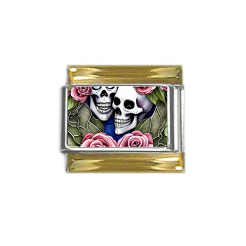 Skulls and Flowers Gold Trim Italian Charm (9mm) from ArtsNow.com Front