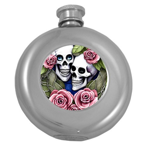 Skulls and Flowers Round Hip Flask (5 oz) from ArtsNow.com Front