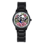 Skulls and Flowers Stainless Steel Round Watch