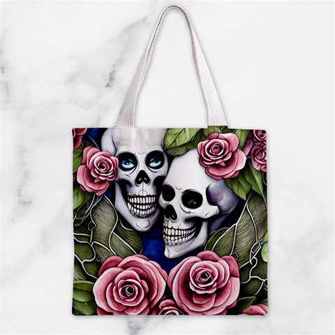 Skulls and Flowers Zipper Grocery Tote Bag from ArtsNow.com Front