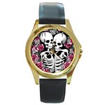 black and white rose sugar skull Round Gold Metal Watch