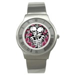 black and white rose sugar skull Stainless Steel Watch