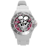 black and white rose sugar skull Round Plastic Sport Watch (L)