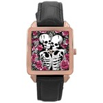 black and white rose sugar skull Rose Gold Leather Watch 