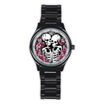 black and white rose sugar skull Stainless Steel Round Watch