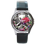 Gothic Floral Skeletons Round Metal Watch