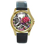 Gothic Floral Skeletons Round Gold Metal Watch