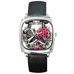 Gothic Floral Skeletons Square Metal Watch