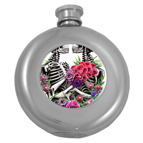 Gothic Floral Skeletons Round Hip Flask (5 oz) from ArtsNow.com Front