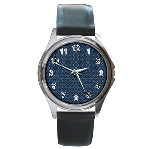 Blue Diamonds Motif Fancy Pattern Design Round Metal Watch from ArtsNow.com Front