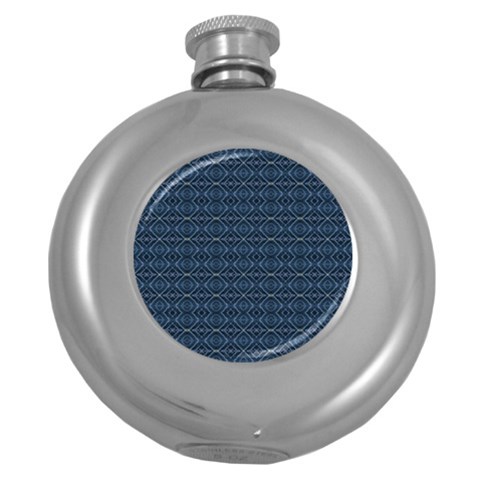 Blue Diamonds Motif Fancy Pattern Design Round Hip Flask (5 oz) from ArtsNow.com Front