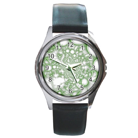 Green Abstract Fractal Background Texture Round Metal Watch from ArtsNow.com Front