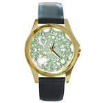 Green Abstract Fractal Background Texture Round Gold Metal Watch