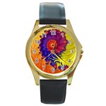 Fractal Spiral Bright Colors Round Gold Metal Watch