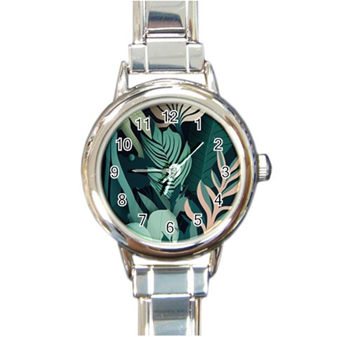 Green Nature Bohemian Painting Leaves Foliage Round Italian Charm Watch from ArtsNow.com Front