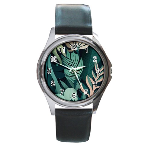 Green Nature Bohemian Painting Leaves Foliage Round Metal Watch from ArtsNow.com Front