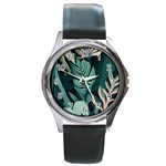 Green Nature Bohemian Painting Leaves Foliage Round Metal Watch