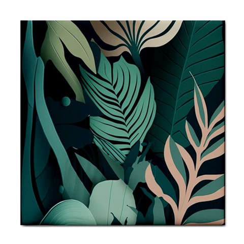 Green Nature Bohemian Painting Leaves Foliage Tile Coaster from ArtsNow.com Front