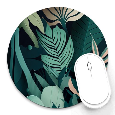 Green Nature Bohemian Painting Leaves Foliage Round Mousepad from ArtsNow.com Front
