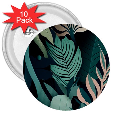 Green Nature Bohemian Painting Leaves Foliage 3  Buttons (10 pack)  from ArtsNow.com Front