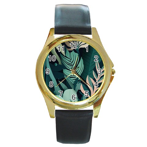 Green Nature Bohemian Painting Leaves Foliage Round Gold Metal Watch from ArtsNow.com Front