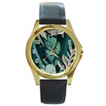 Green Nature Bohemian Painting Leaves Foliage Round Gold Metal Watch