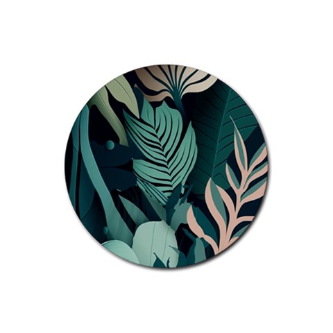 Green Nature Bohemian Painting Leaves Foliage Rubber Round Coaster (4 pack) from ArtsNow.com Front