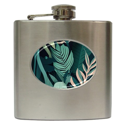 Green Nature Bohemian Painting Leaves Foliage Hip Flask (6 oz) from ArtsNow.com Front