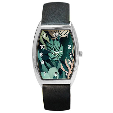 Green Nature Bohemian Painting Leaves Foliage Barrel Style Metal Watch from ArtsNow.com Front